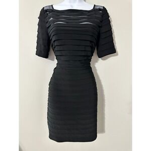 Adrianna Papell Black Sheer Neckline Tiered Sheath Dress Cocktail Party Size S